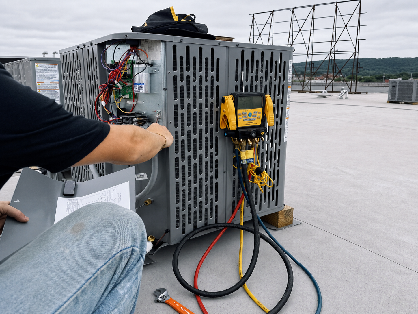 HVAC technician servicing rooftop equipment in Roanoke, Virginia